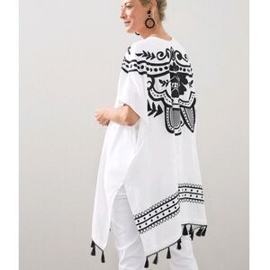 Chicos Kimono Tassel Ruana Floral Embroidered Caftan S/M Rayon